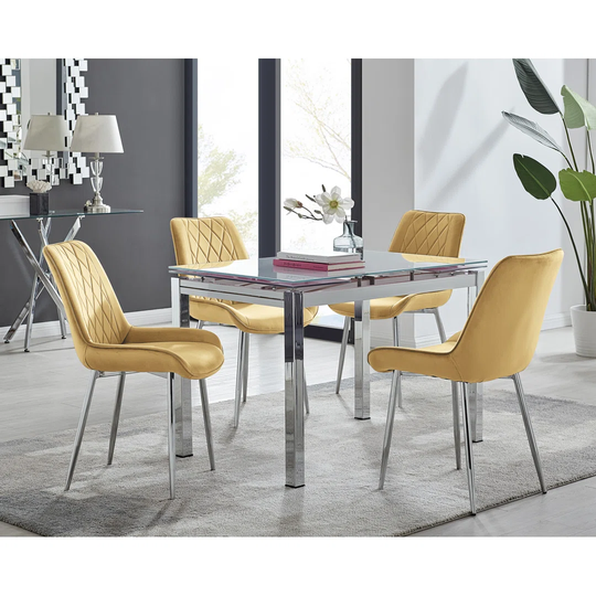 Enna Black Glass Extending Dining Table And 6 Mustard Pesaro Black Leg Chairs