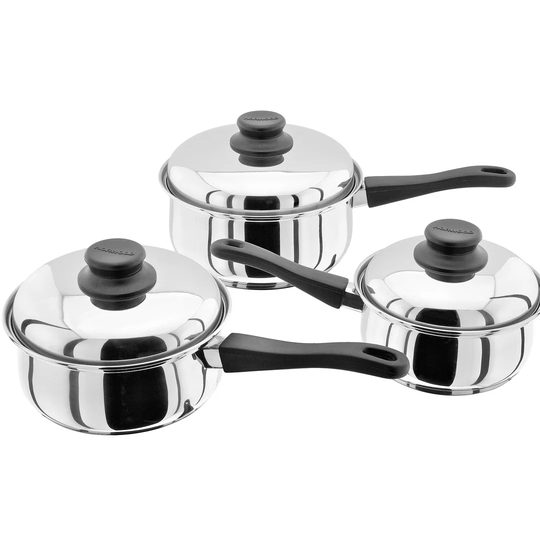 Judge Essentials, 3 Piece Stainless Steel Saucepan Set, 16/18/20cm Saucepans with Lids