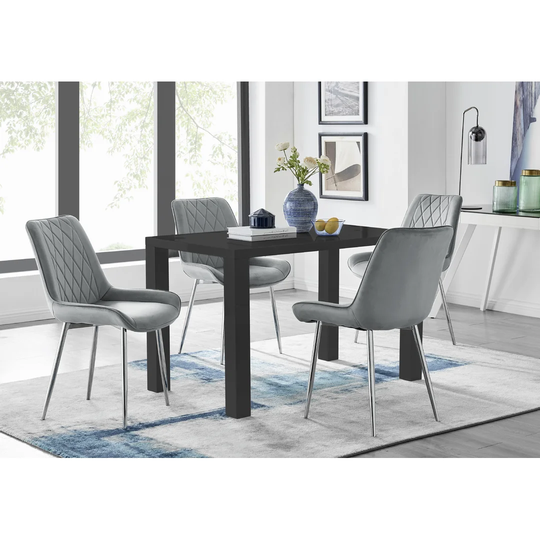 Pivero 4 Black Dining Table And 4 Grey Pesaro Silver Leg Chairs