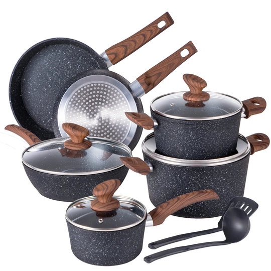 Induction Kitchen Cookware Sets Nonstick - Granite Hammered Pan Set 12 Piece, Dishwasher Safe Cooking Pots And Pans Set
