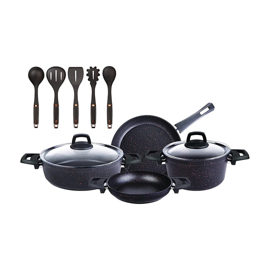 Biogranit Blackgold 9 Piece Cookware Set, Natural Granite, Healthy Non-Stick Coating, 7X More Resistant Against Scratches, Pan Pot And Serving Utensil