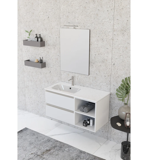 Vanity Unit 2 Drawers, Open Element With Left Integrated Washbasin, Mirror And Spotlight