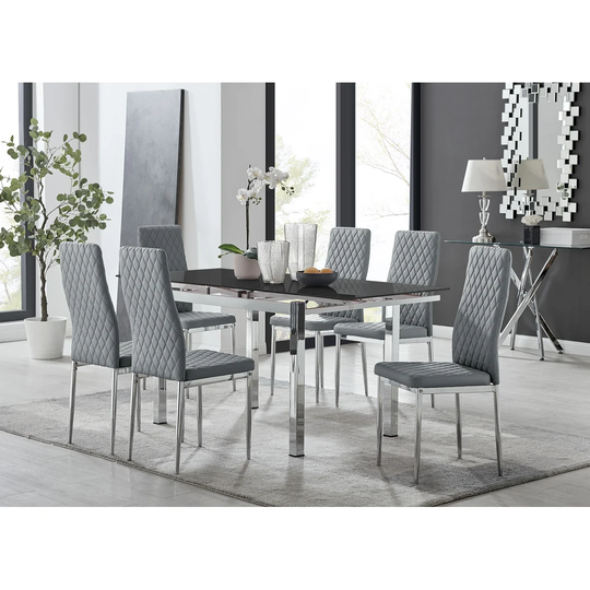 Enna Black Glass Extending Dining Table And 6 Grey Milan Chairs