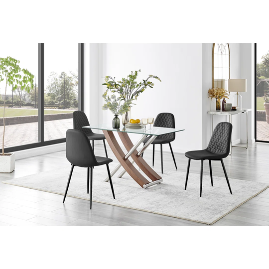 Mayfair Glass & Brown Wood Effect Dining Table & 4 Black Corona Black Leg Chairs