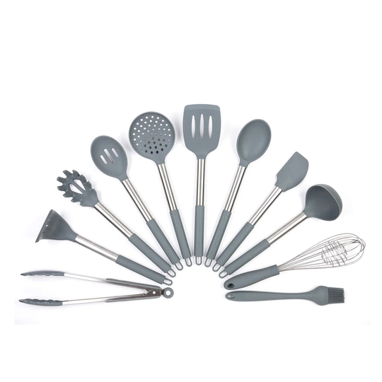 11Pc Silicone Kitchen Utensil Set For Cooking And Baking In Sleek Grey And Brushed Stainless Steel. Includes; Tongs, Whisk, Spatula, Ladle, Potato Mas