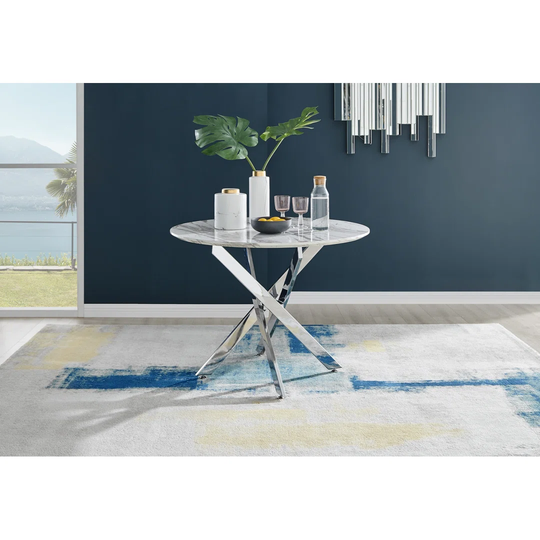 Novara White Marble Round Dining Table & 4 Grey Belgravia Chairs