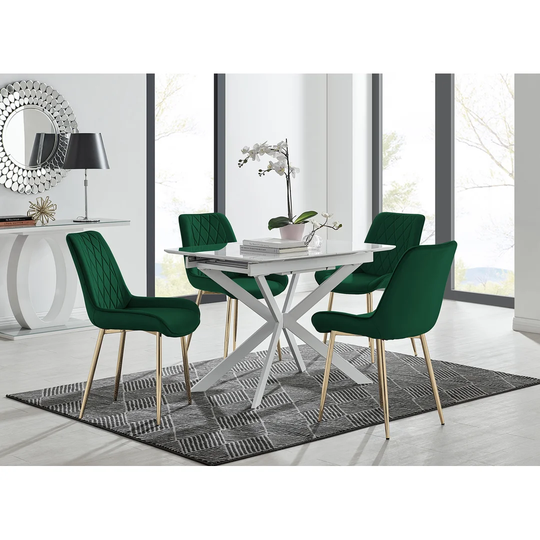 Rectangular Extending High Gloss Dining Table Metal Legs and 4 Velvet Dining Chairs