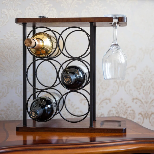 Blosse 6 Bottle Tabletop/Countertop Wine Bottle & Glass Rack in Brown