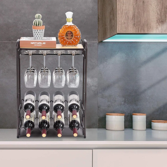 8 Bottle Wine Rack,Metal Wine Shelf With Glasses Holder & Wine Holder & Table Top,4 Tier Wine Storage Organiser, Free Standing Wine Holder For Kitchen