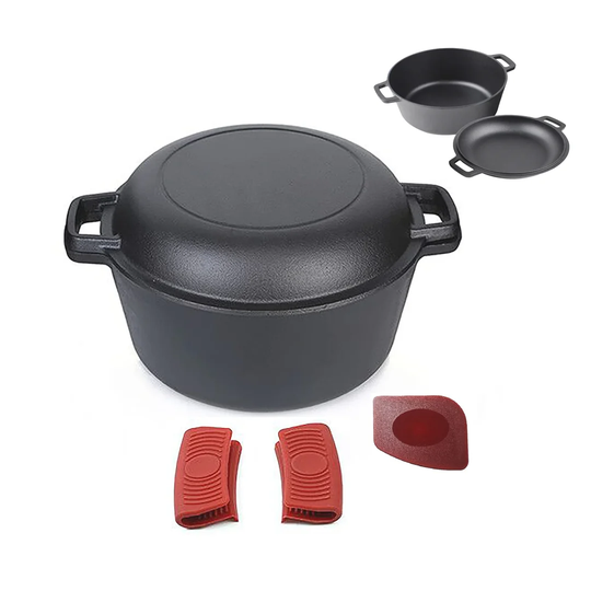 4.73 Litre / 5 Quart Pre-Seasoned Cast Iron Double Dutch Oven/Casserole Dish | Dual Function Skillet Lid | 2 In 1 Cooking Set | Indoor & Camping | Han