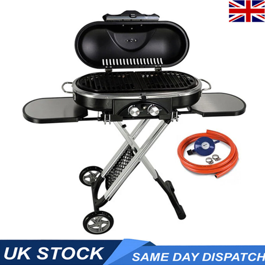 (Black) Gas BBQ Portable Folding 2 Burners Ideal Camping