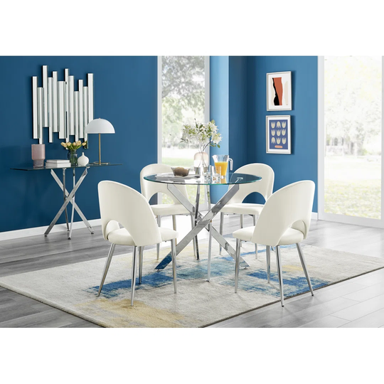 Novara 120Cm Round Glass Dining Table & 4 Cream Arlon Silver Leg Chairs