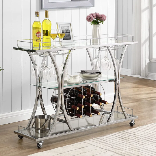 Bar Serving Cart With Glass Holder And Wine Rack, 3-Tier Kitchen Trolley With Tempered Glass Shelves And Gold-Finished Metal Frame, Mobile Wine Cart F