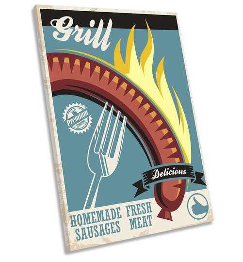 Kitchen Sausage Hot Grill Retro Framed CANVAS PRINT Portrait Wall Art