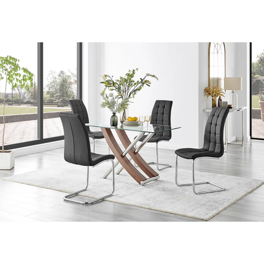 Mayfair Glass & Brown Wood Effect Dining Table & 4 Black Murano Chairs