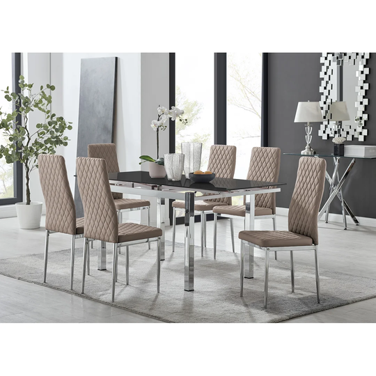 Enna Black Glass Extending Dining Table And 6 Cappuccino Milan Chairs