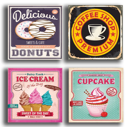Coffee Donuts Ice Cream Cupcake - 4 Piece Wrapped Canvas Painting Set