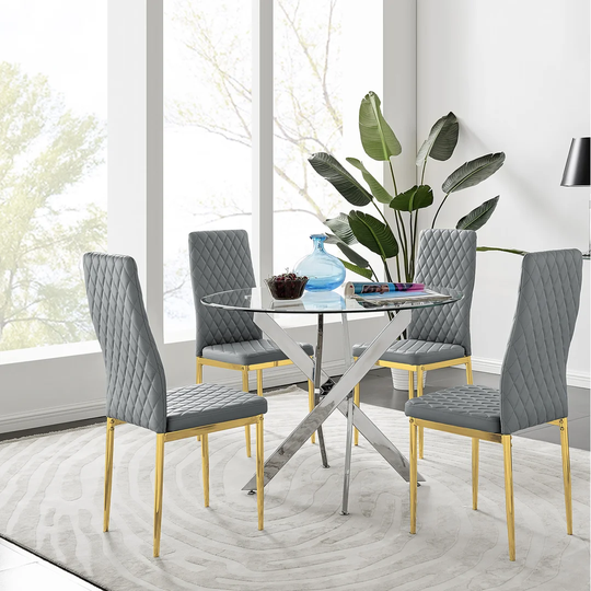 Chowchilla 100Cm Round Dining Table And 4 Grey Gold Leg Chairs