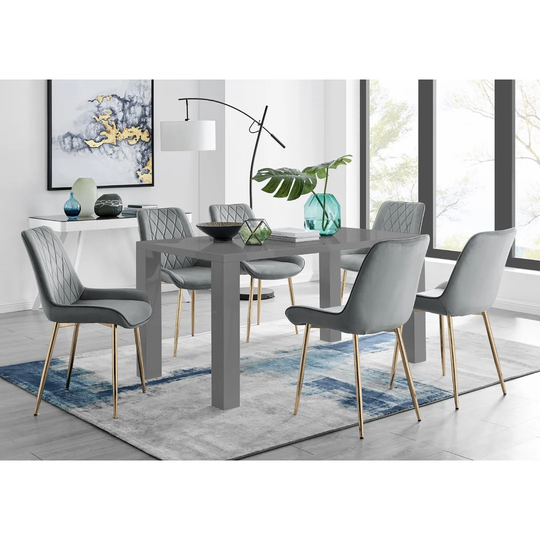 Pivero 6 Grey Dining Table And 6 Grey Pesaro Gold Leg Chairs