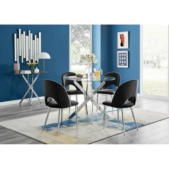 Novara 120Cm Round Glass Dining Table & 4 Black Arlon Silver Leg Chairs