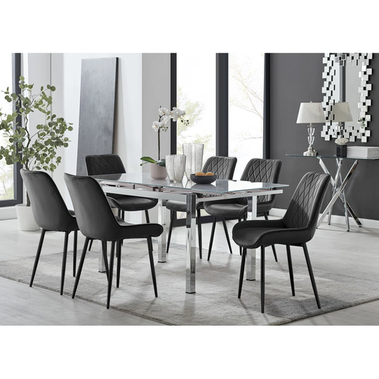 Enna White Glass Extending Dining Table And 6 Black Pesaro Black Leg Chairs