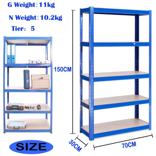 (Heavy Duty 5 Tires Steel Freestanding Boltless Racking 150cm x 70cm x 30cm Blue) Garage Shelving Units 5 Tier Metal Storage Racking Shelves