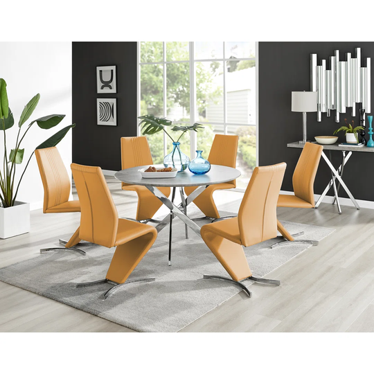 Novara Grey Concrete Effect 120Cm Round Dining Table & 6 Mustard Willow Chairs