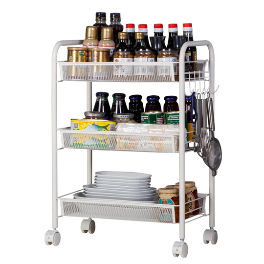 Multifunctional Storage Rack, Exquisite Honeycomb Mesh, Three-Layer Storage Cart With Hooks, Wheeled Kitchen Fruit And Vegetable Rack, Suitable For Ba