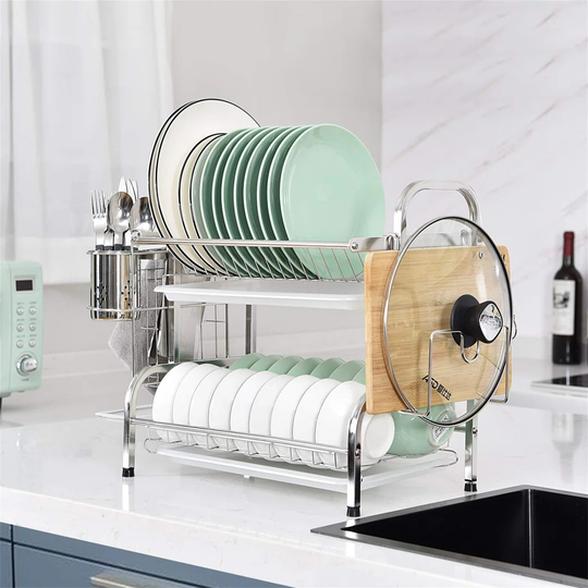 Dish Rack, 304 Stainless Steel 2 Tier Dish Drying Rack With Drain Board, Utensil Holder, Cutting Board Holder, Rustproof Dish Drainer For Kitchen Coun