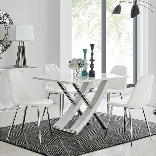Mayfair 4 Dining Table And 4 White Corona Silver Leg Chairs