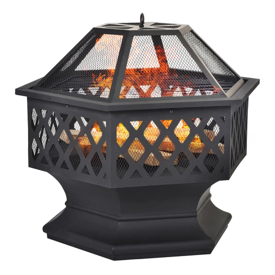 Hexagonal Fire Pit With Grill Grate, Fire Bowl With Spark Guard Fire Pit For BBQ, 3 In 1 Outdoor Fire Pit