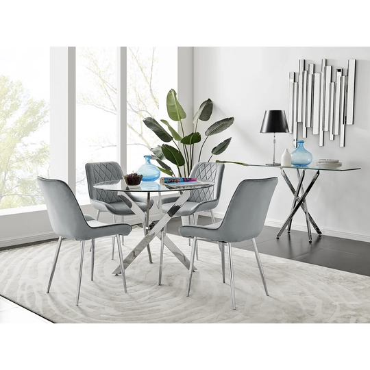 Novara 100Cm Round Dining Table And 4 Grey Pesaro Silver Leg Chairs