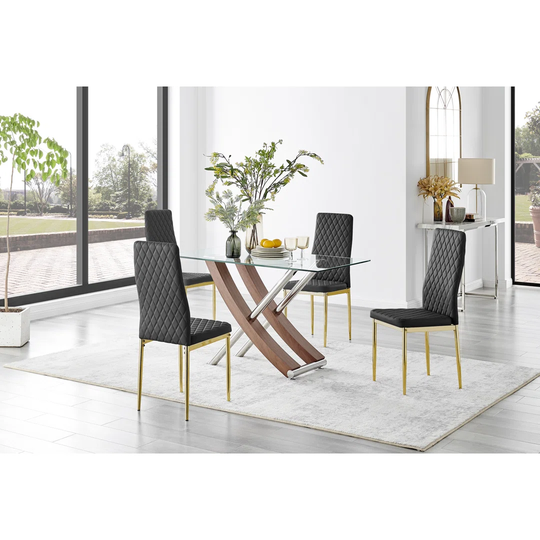 Mayfair Glass & Brown Wood Effect Dining Table & 4 Black Milan Gold Leg Chairs