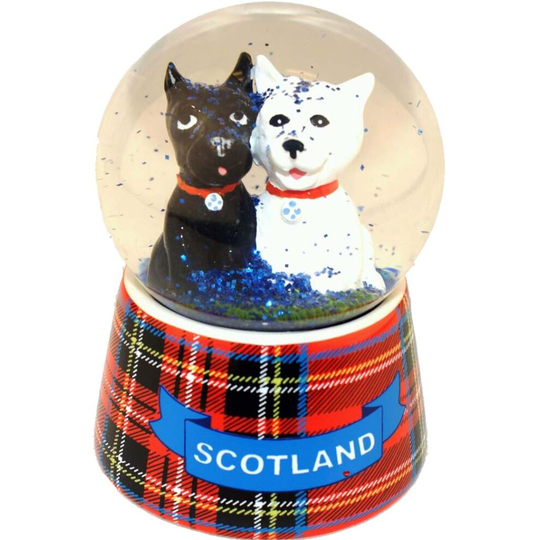 Scottish Waterball Snowglobe Dogs On Large Tartan Base Gift Snowglobe