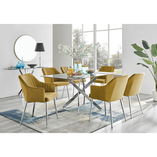 Leonardo Glass And Chrome Dining Table & 6 Mustard Calla Silver Leg Velvet Chairs