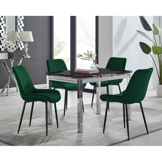 Enna Black Glass Extending Dining Table And 4 Green Pesaro Black Leg Chairs