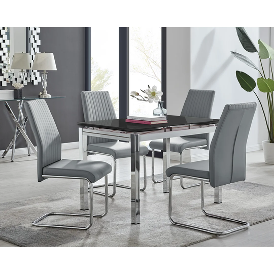 Enna Black Glass Extending Dining Table And 4 Grey Lorenzo Chairs