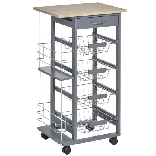 HOMCOM Kitchen Island Trolley with Baskets Side Racks Drawer Grey