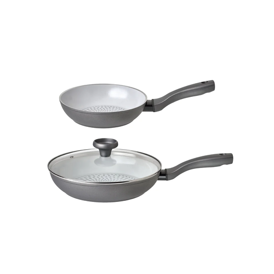 Earthpan 100% Recycled Induction Dishwasher Safe Frying Pan Twinpack - 20cm & 28cm With Toughened Glass Lid X1
