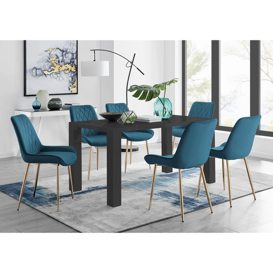 Pivero 6 Black Dining Table And 6 Blue Pesaro Gold Leg Chairs