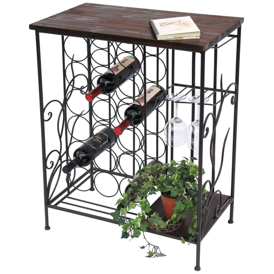 Yukon 18 Bottle Floor Wine Bottle & Glass Rack in Black/Brown