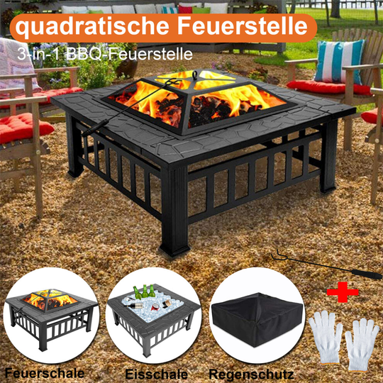 Square 3-in-1 Fire Pit With BBQ Grill Shelf & Waterproof Cover
