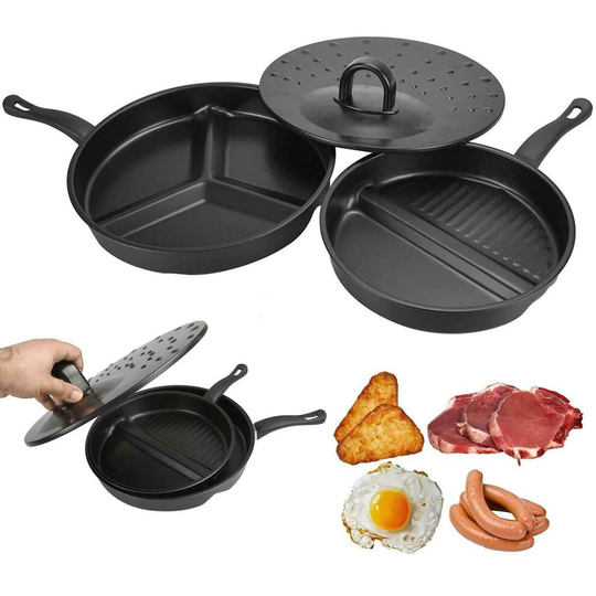 3 In 1 Multi Section Non Stick Frying Pan Divider Kitchen Cook Breakfast Skillet
