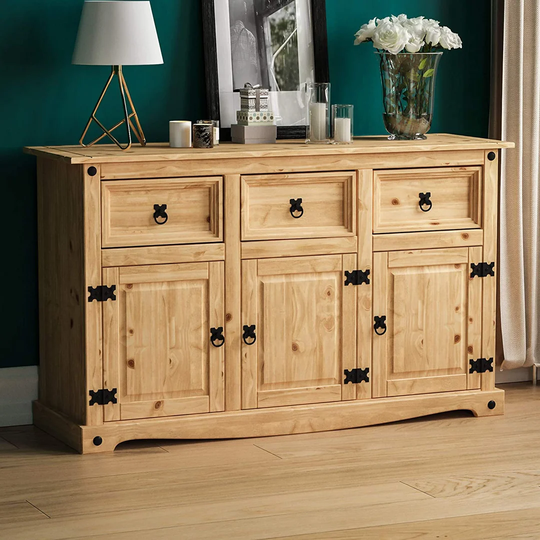 125Cm Wide 3 Drawer Pine Solid Wood Sideboard