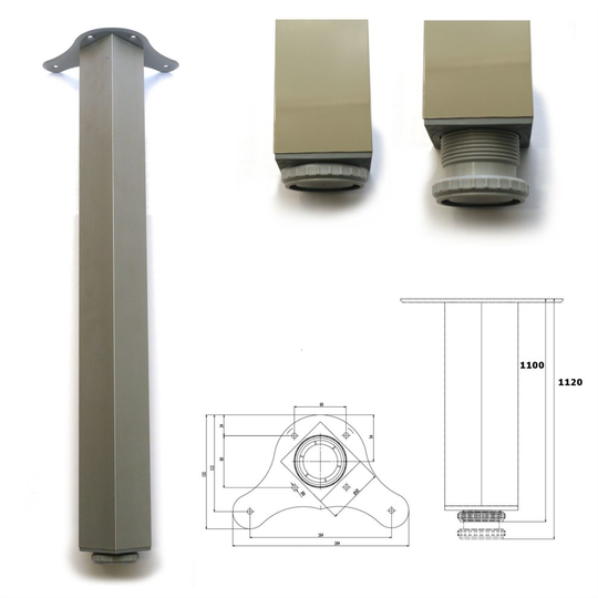 2 x 1100mm Aluminium Breakfast Bar Worktop Support Table Leg Square 65mm Dia