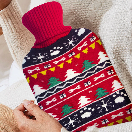 Belfry Kitchen 2l Hot Water Bottle With Thick Cosy Pom Fluffy Cover- Natural Rubber Bottle With Screw Stopper-knit-christmas Tree