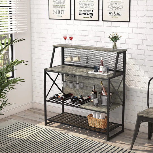 Industrial Wine Rack Table With Glass Holder Wine Bakers Rack Freestanding Floor Liquor Wine Storage Stand With Bottle Shelf Wine Bar Cabinet For Home