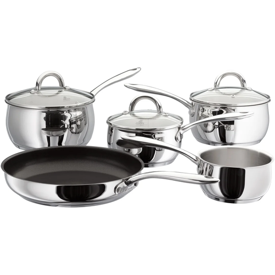 Judge Classic, Stainless Steel 5 Piece Saucepan Set, 14cm milk pan, 16/18/20cm saucepans, 28cm non-stick frying pan