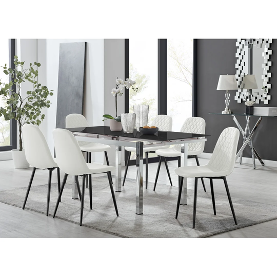Enna Black Glass Extending Dining Table And 6 White Corona Black Leg Chairs