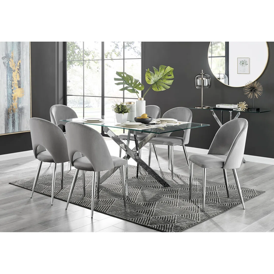 Leonardo Glass And Chrome Dining Table & 6 Grey Arlon Silver Leg Chairs
